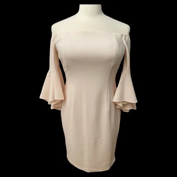 🛑SOLD🛑Calvin Klein Off the Shoulder Sheath Ruffled Sleeve Dress Women Size 14 - Picture 2 of 12